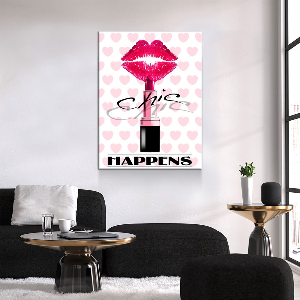 Chic Happens Canvas Wall Art, Beauty Salon Decor, Beauty Parlor Decor, Girl Dorm Room Decor, Fashion Decor, Lips & Lipstick Print