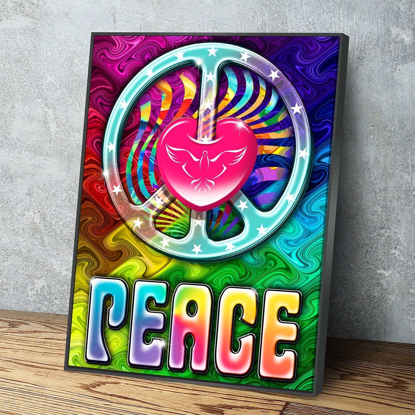 Love And Peace Canvas Wall Art, Abstract Love Peace Decor, Dorm Room Decor, Tie Dye Decor, Psychedelic Decor, Love Peace