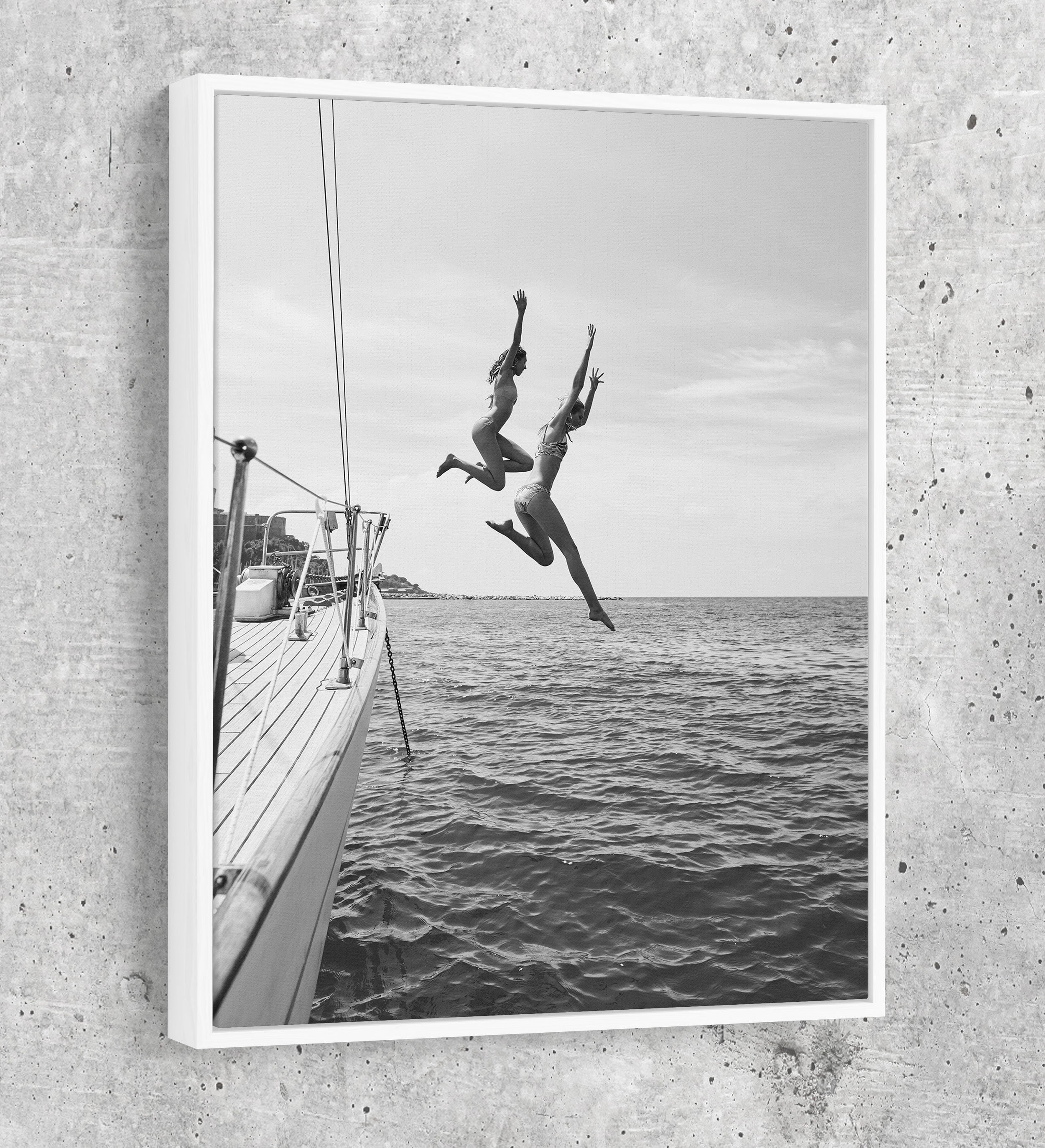 Best Friends Jumping Canvas Wall Art – Women Jumping Off Yacht Into Water, Coastal Beach Decor, Friendship Wall Art