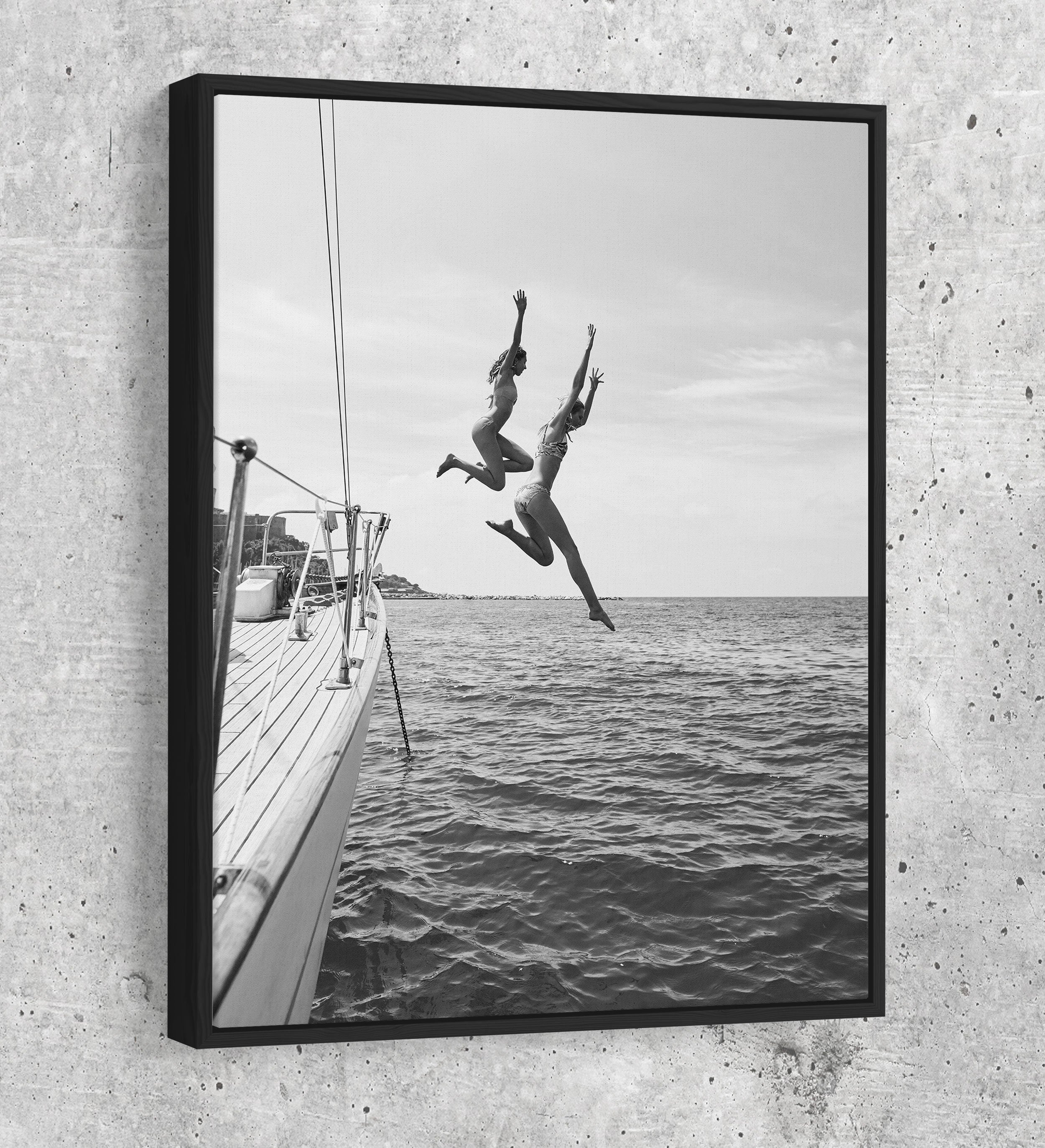 Best Friends Jumping Canvas Wall Art – Women Jumping Off Yacht Into Water, Coastal Beach Decor, Friendship Wall Art