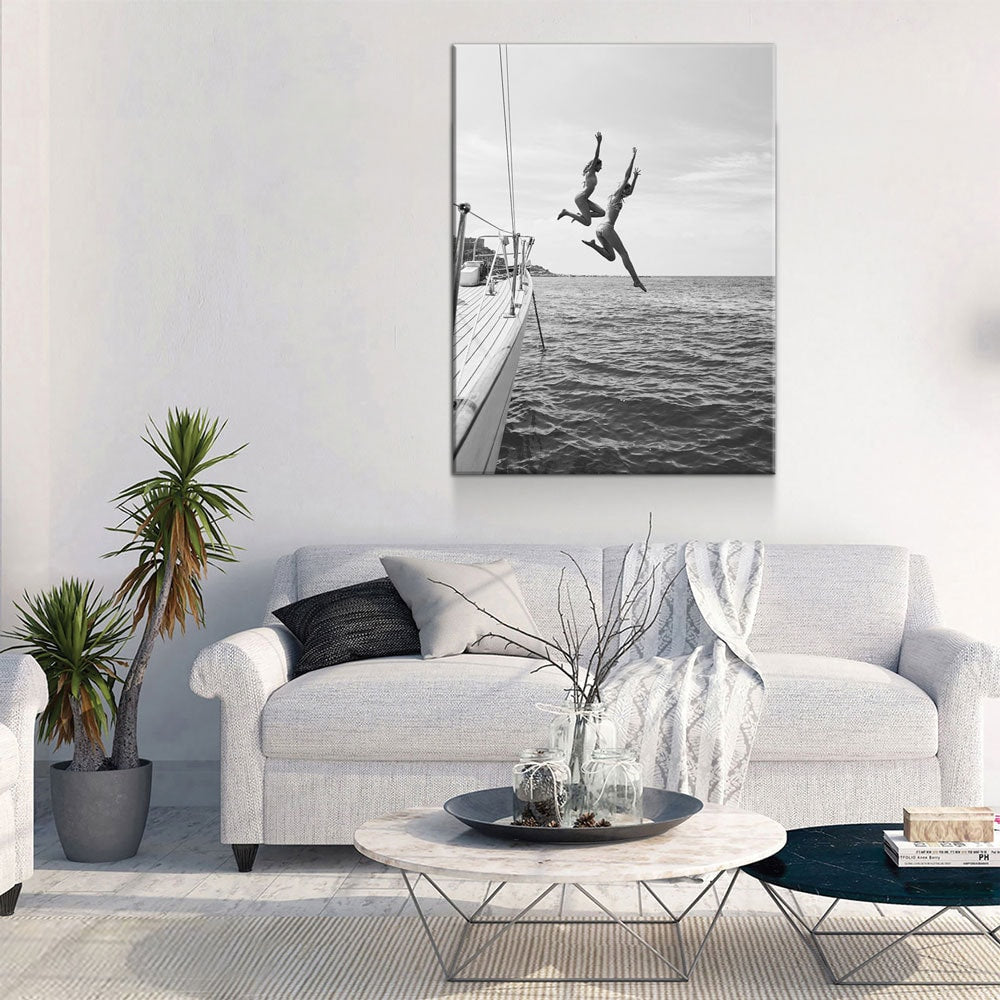 Best Friends Jumping Canvas Wall Art – Women Jumping Off Yacht Into Water, Coastal Beach Decor, Friendship Wall Art