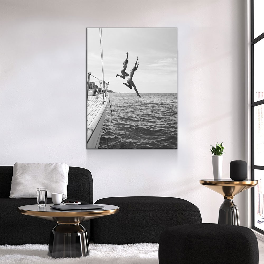 Best Friends Jumping Canvas Wall Art – Women Jumping Off Yacht Into Water, Coastal Beach Decor, Friendship Wall Art