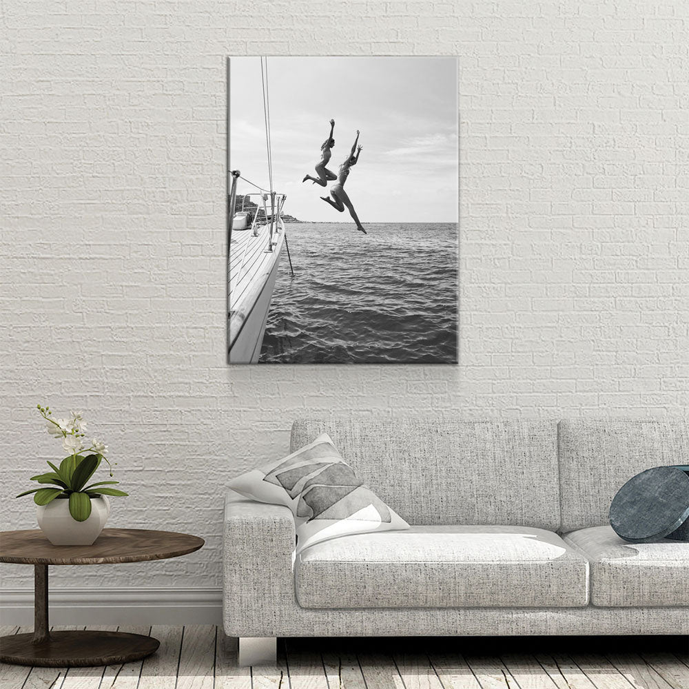 Best Friends Jumping Canvas Wall Art – Women Jumping Off Yacht Into Water, Coastal Beach Decor, Friendship Wall Art