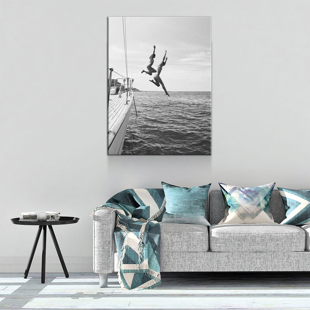 Best Friends Jumping Canvas Wall Art – Women Jumping Off Yacht Into Water, Coastal Beach Decor, Friendship Wall Art