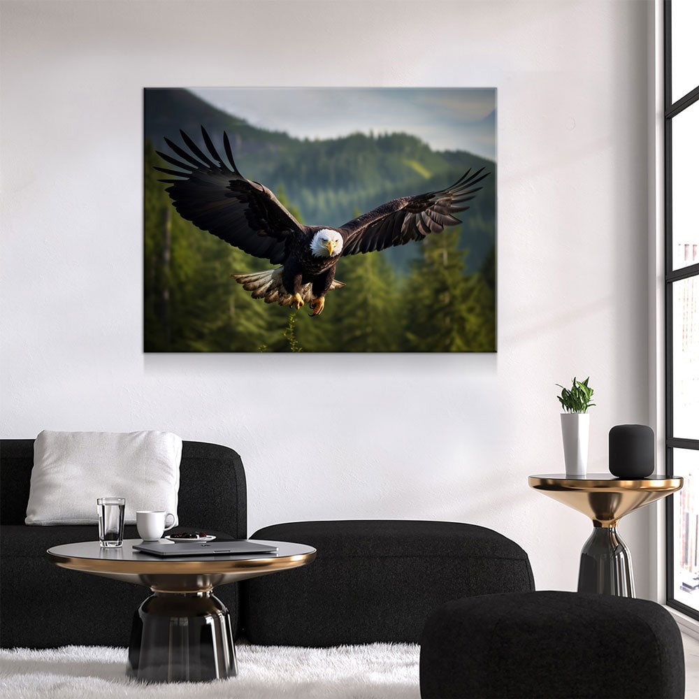 Flying Bald Eagle Canvas Wall Art, Bald Eagle Soaring Through Forest, Bald Eagle Decor, North American Eagle