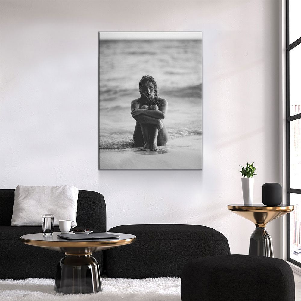 Woman On The Seashore Canvas Wall Art, Woman Beach Print, Black and White Female Print, Woman Water Print, Vintage Print, Fashion Art