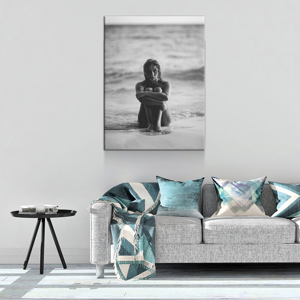 Woman On The Seashore Canvas Wall Art, Woman Beach Print, Black and White Female Print, Woman Water Print, Vintage Print, Fashion Art