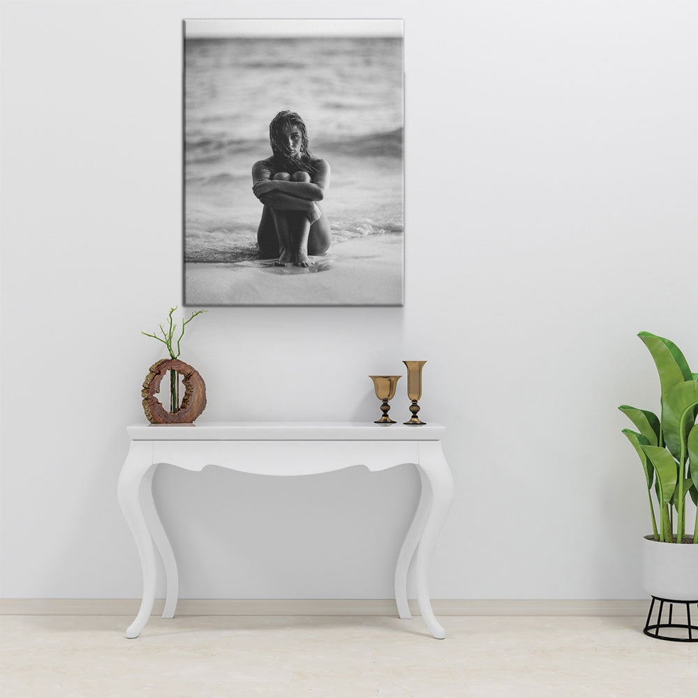 Woman On The Seashore Canvas Wall Art, Woman Beach Print, Black and White Female Print, Woman Water Print, Vintage Print, Fashion Art