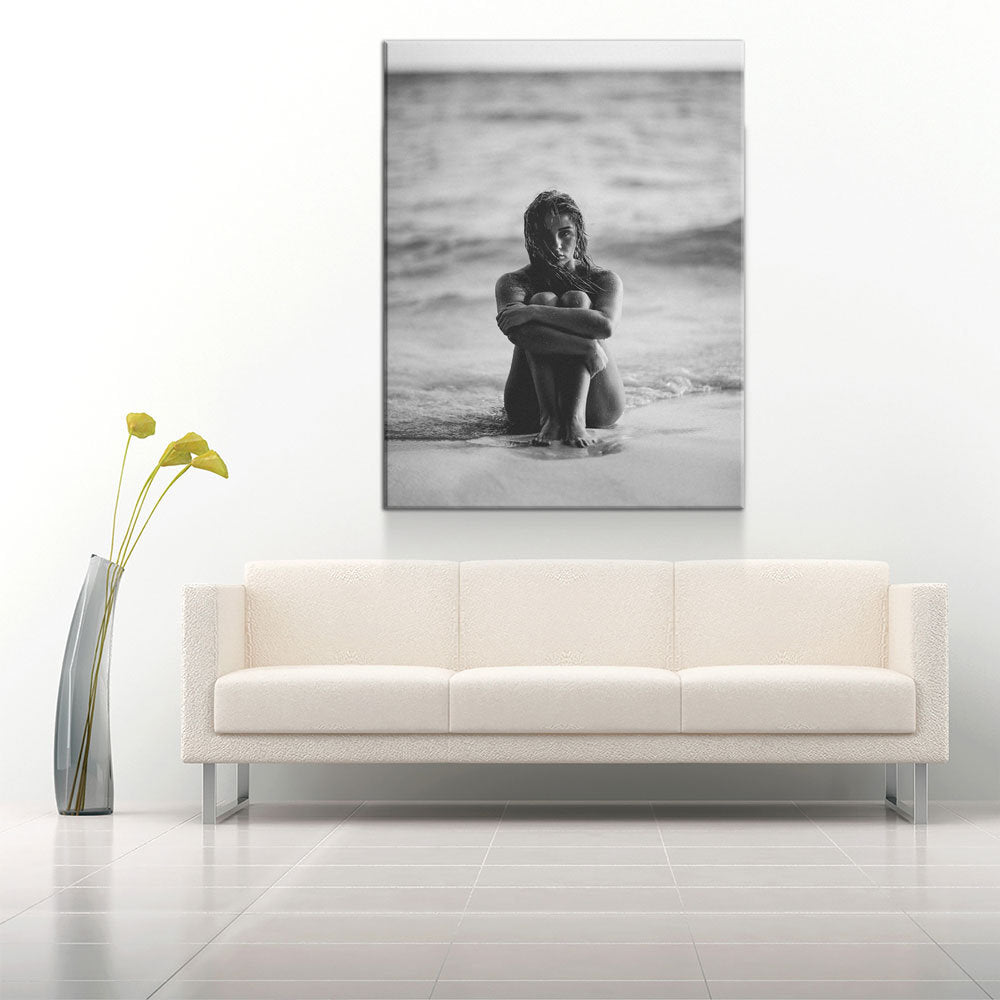 Woman On The Seashore Canvas Wall Art, Woman Beach Print, Black and White Female Print, Woman Water Print, Vintage Print, Fashion Art