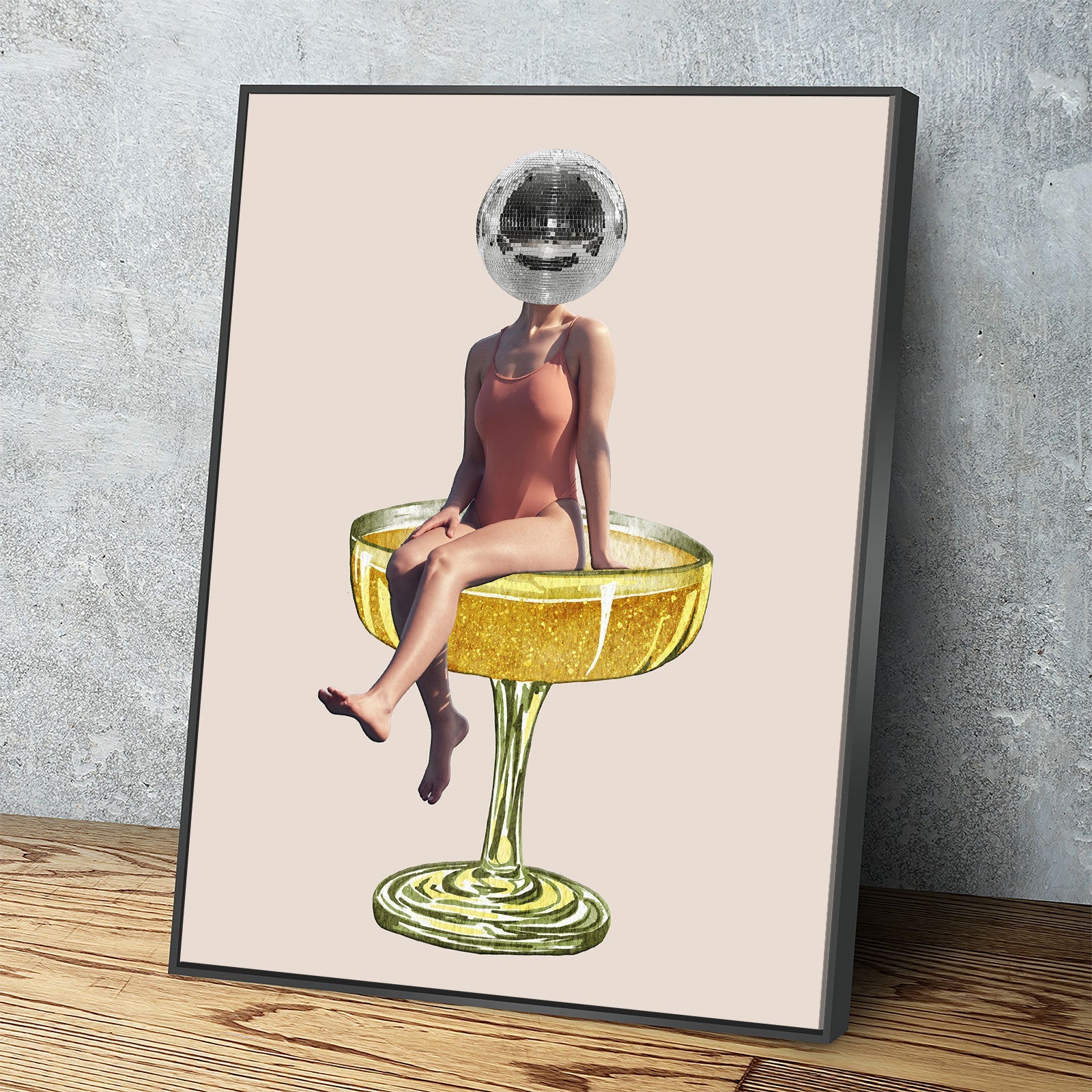 Disco Ball Head Canvas Wall Art, Retro Decor, Funky Print, Disco Print, Woman Sitting In Cocktail Glass, Disco Head Decor, Trendy Decor