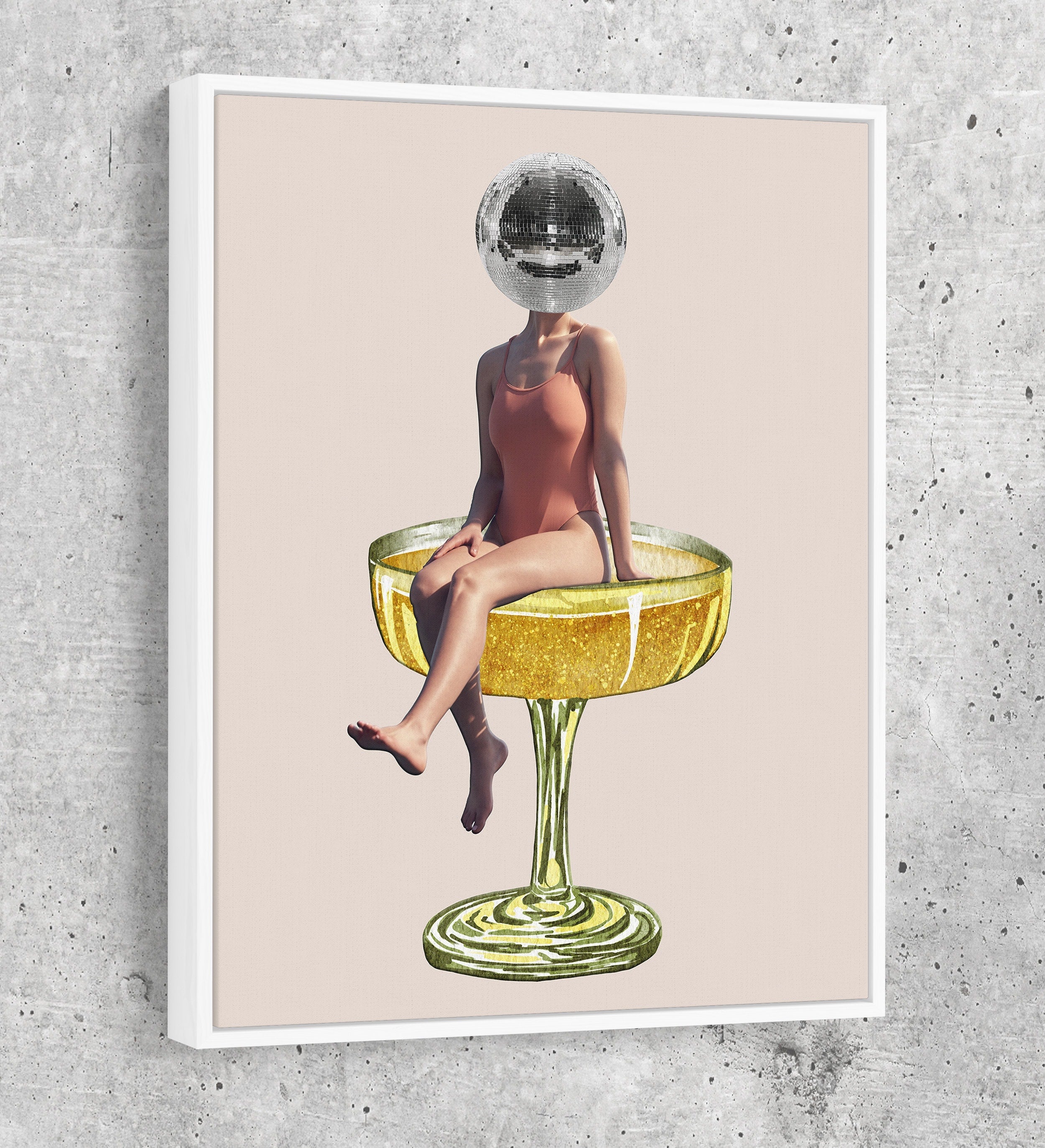 Disco Ball Head Canvas Wall Art, Retro Decor, Funky Print, Disco Print, Woman Sitting In Cocktail Glass, Disco Head Decor, Trendy Decor