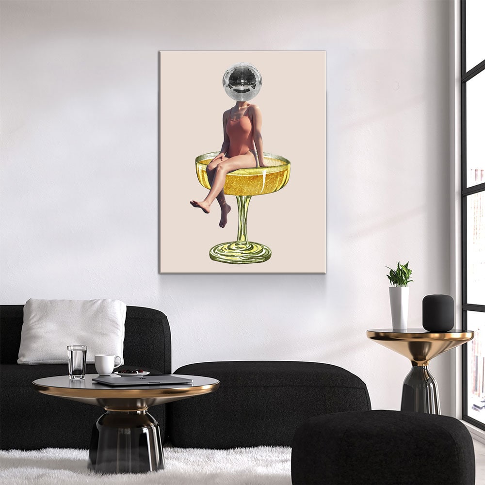 Disco Ball Head Canvas Wall Art, Retro Decor, Funky Print, Disco Print, Woman Sitting In Cocktail Glass, Disco Head Decor, Trendy Decor
