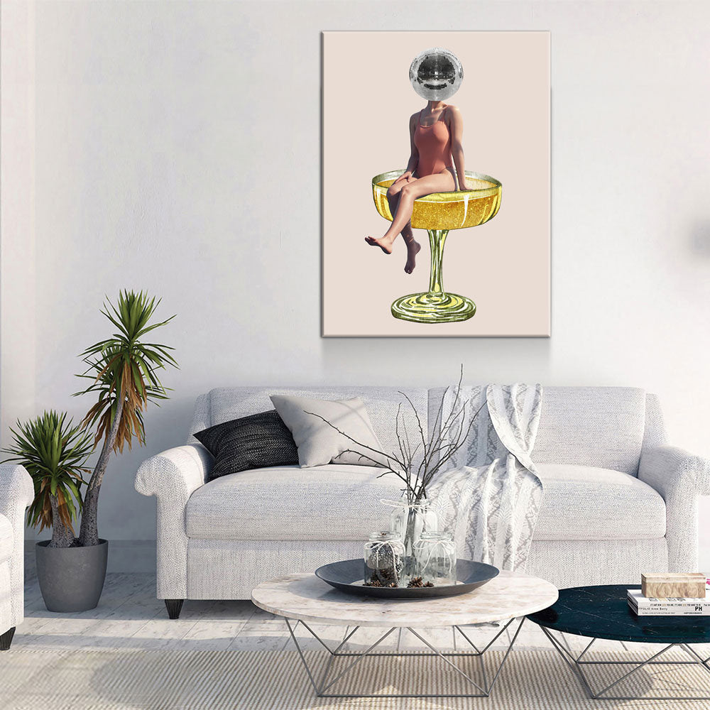 Disco Ball Head Canvas Wall Art, Retro Decor, Funky Print, Disco Print, Woman Sitting In Cocktail Glass, Disco Head Decor, Trendy Decor