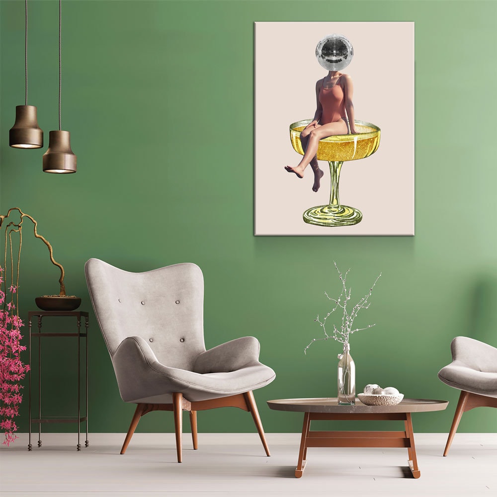Disco Ball Head Canvas Wall Art, Retro Decor, Funky Print, Disco Print, Woman Sitting In Cocktail Glass, Disco Head Decor, Trendy Decor