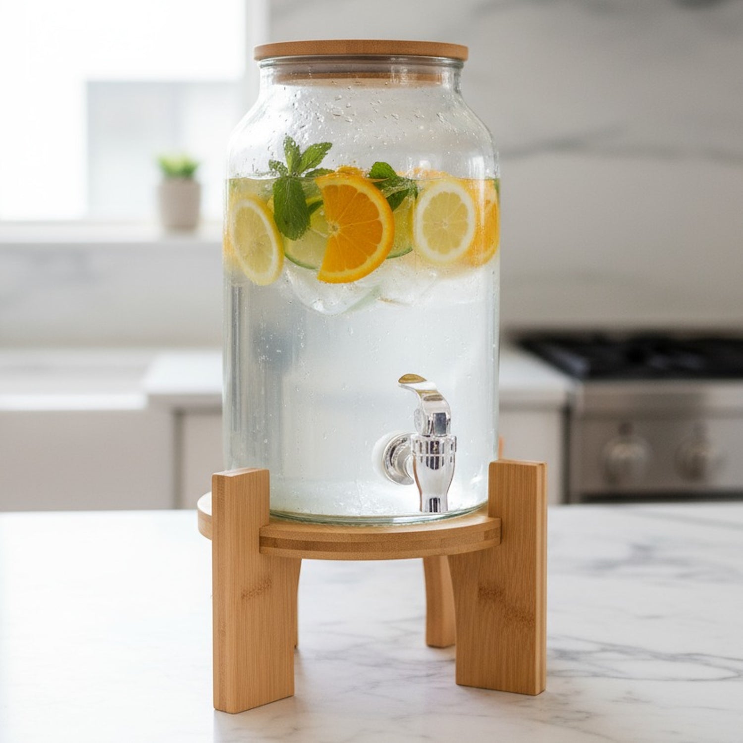 Delray Glass Beverage Dispenser with Bamboo Lid & Stand (4L / 1 Gal)