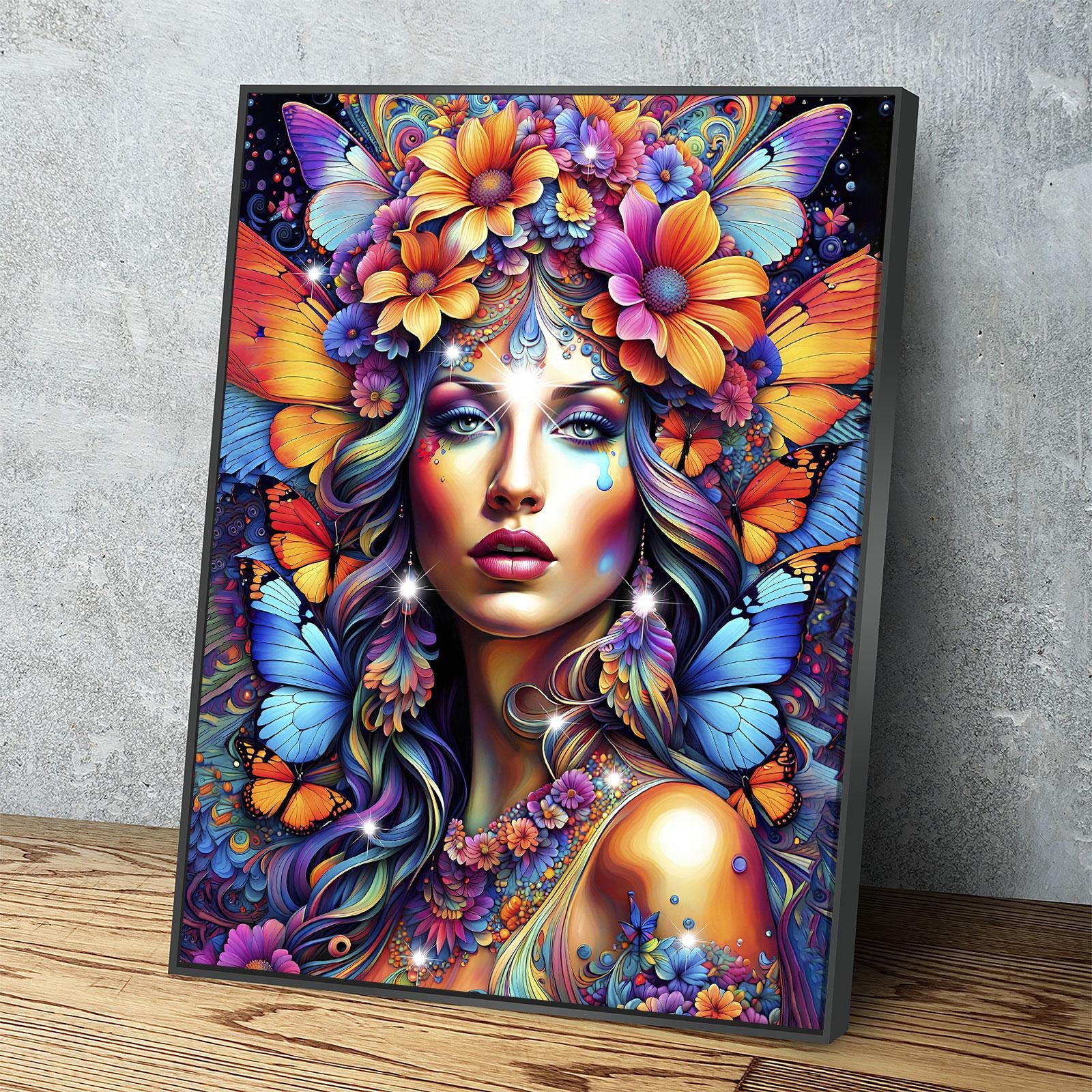 Hippie Girl Canvas Wall Art, Abstract Hippie Girl Wall Hanging, Girl With Butterflies, Flowers In Girls Hair, Vibrant Colors Wall Art