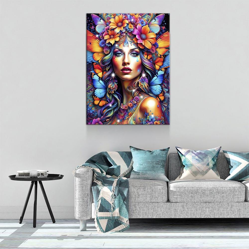 Hippie Girl Canvas Wall Art, Abstract Hippie Girl Wall Hanging, Girl With Butterflies, Flowers In Girls Hair, Vibrant Colors Wall Art