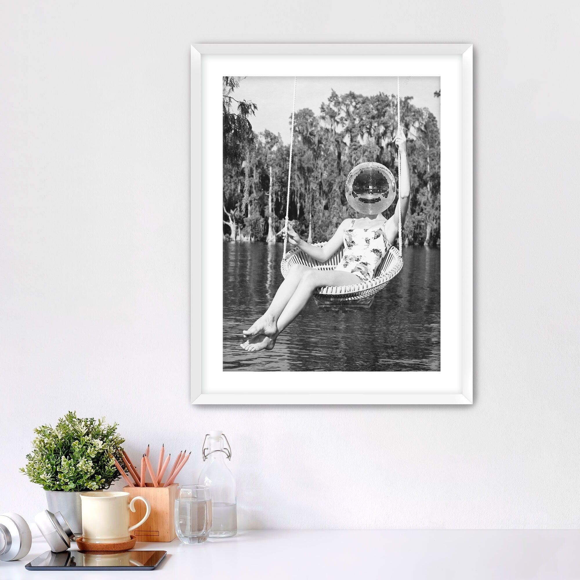 Disco Ball Headed Woman Framed Fine Art Print, Black & White Female Print, Vintage Print