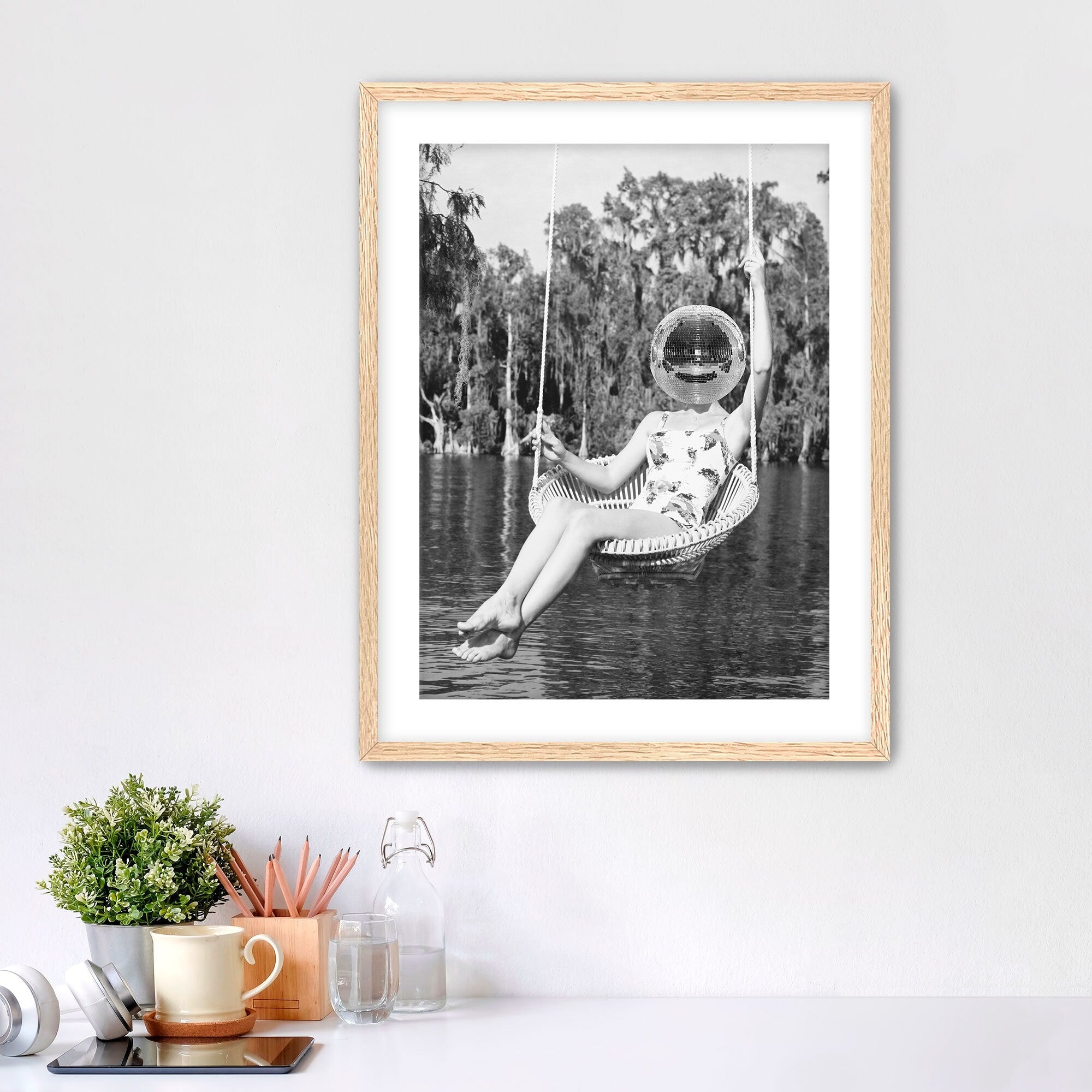 Disco Ball Headed Woman Framed Fine Art Print, Black & White Female Print, Vintage Print