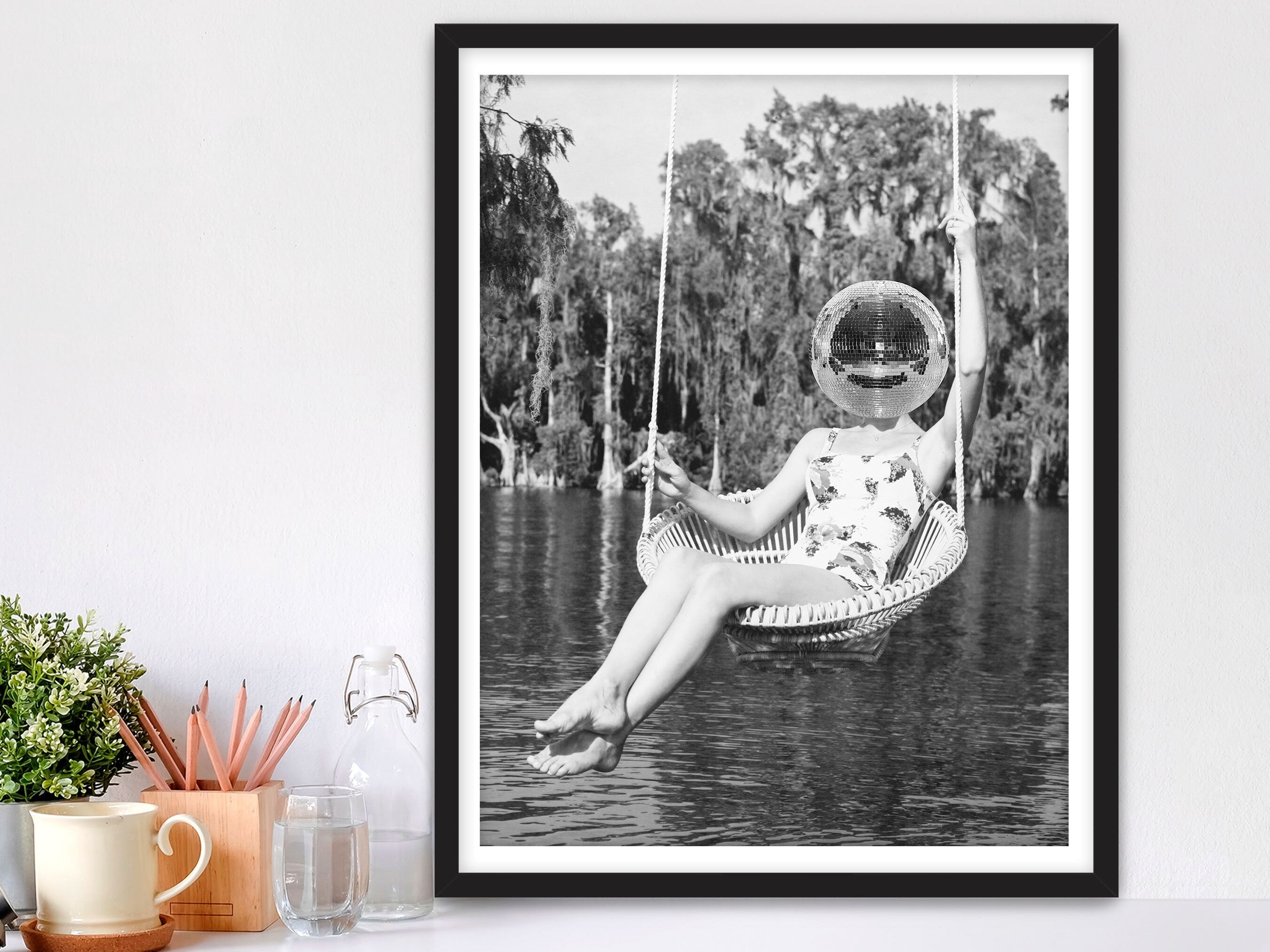 Disco Ball Headed Woman Framed Fine Art Print, Black & White Female Print, Vintage Print