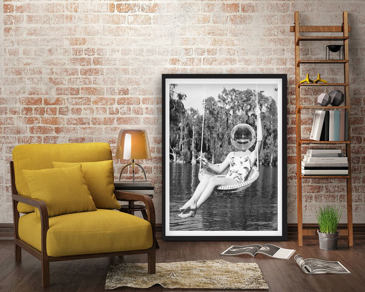 Disco Ball Headed Woman Framed Fine Art Print, Black & White Female Print, Vintage Print