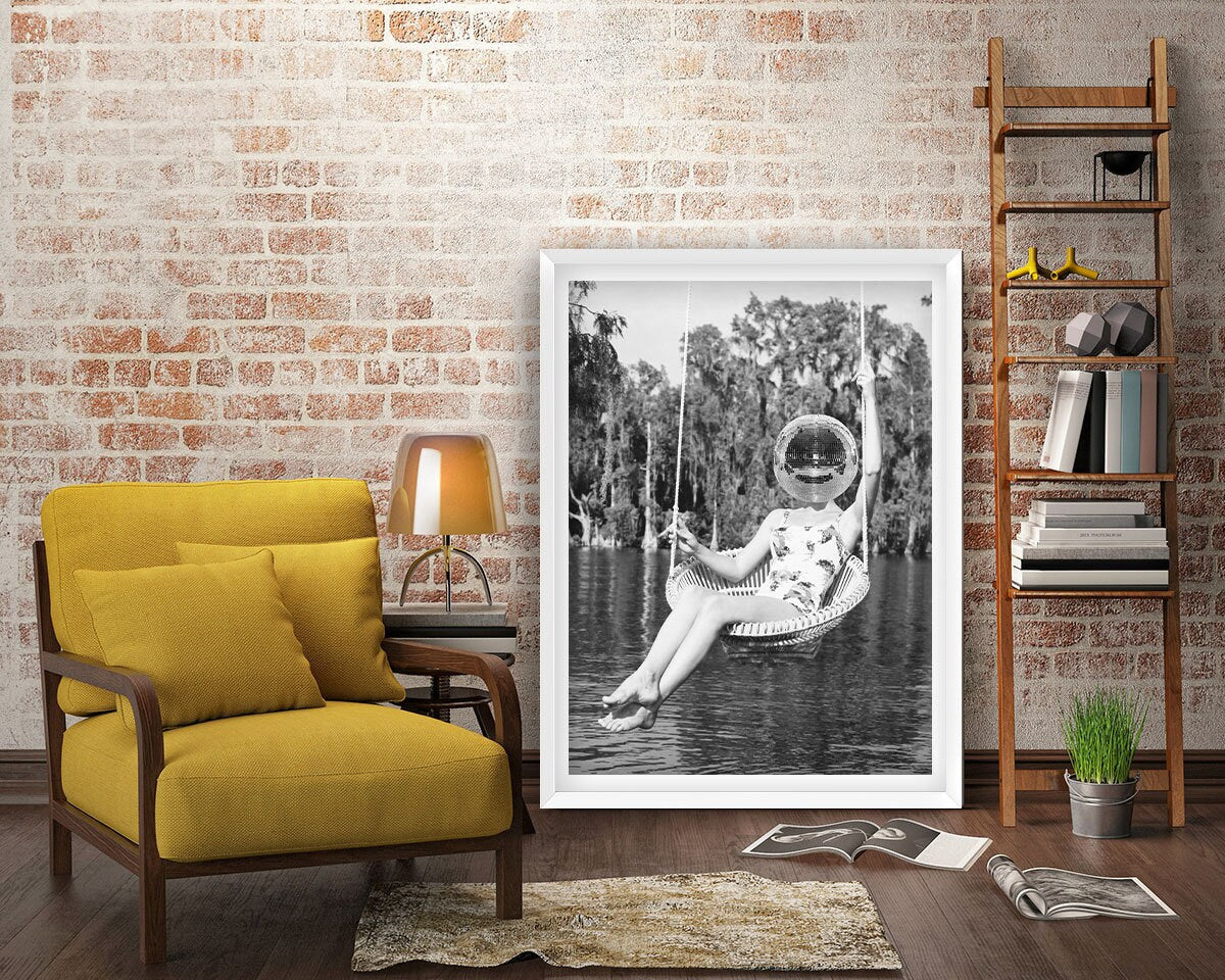 Disco Ball Headed Woman Framed Fine Art Print, Black & White Female Print, Vintage Print