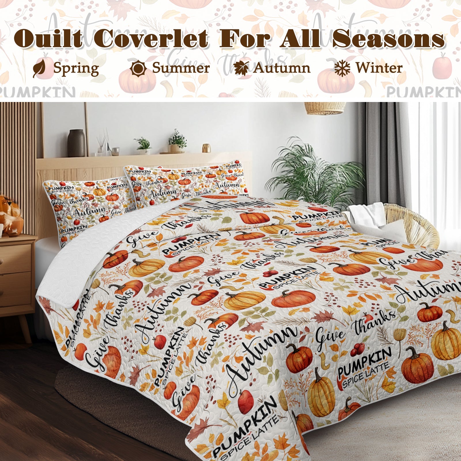 3pcs Pumpkin Autumn Leaves Design Quilt Set All Seasons Bedding Quilt Bed Set With 2 Pillowcases For Kids Teens Adults Bedroom
