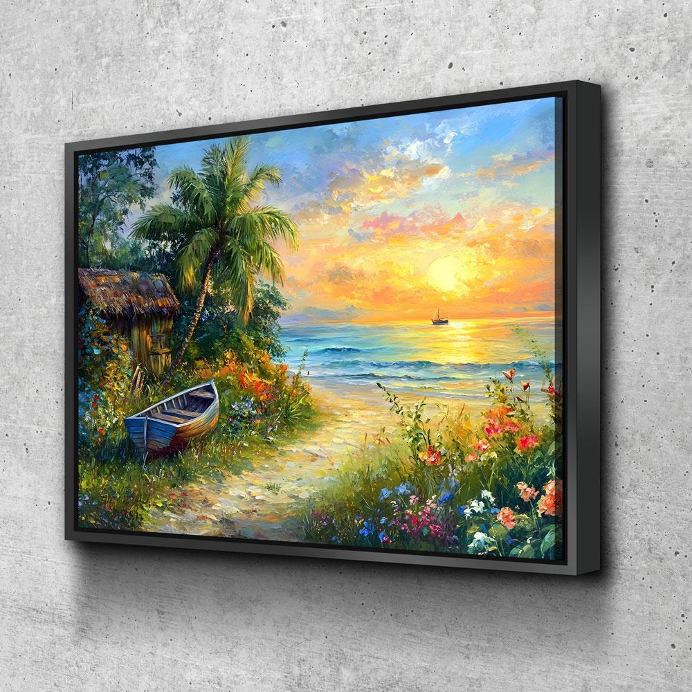Boat on Tropical Beach Canvas Wall Art, Ocean Beach With Coconut Tree, Boat And Beach Hut, Tropical Decor, Beach House, Coastal Decor