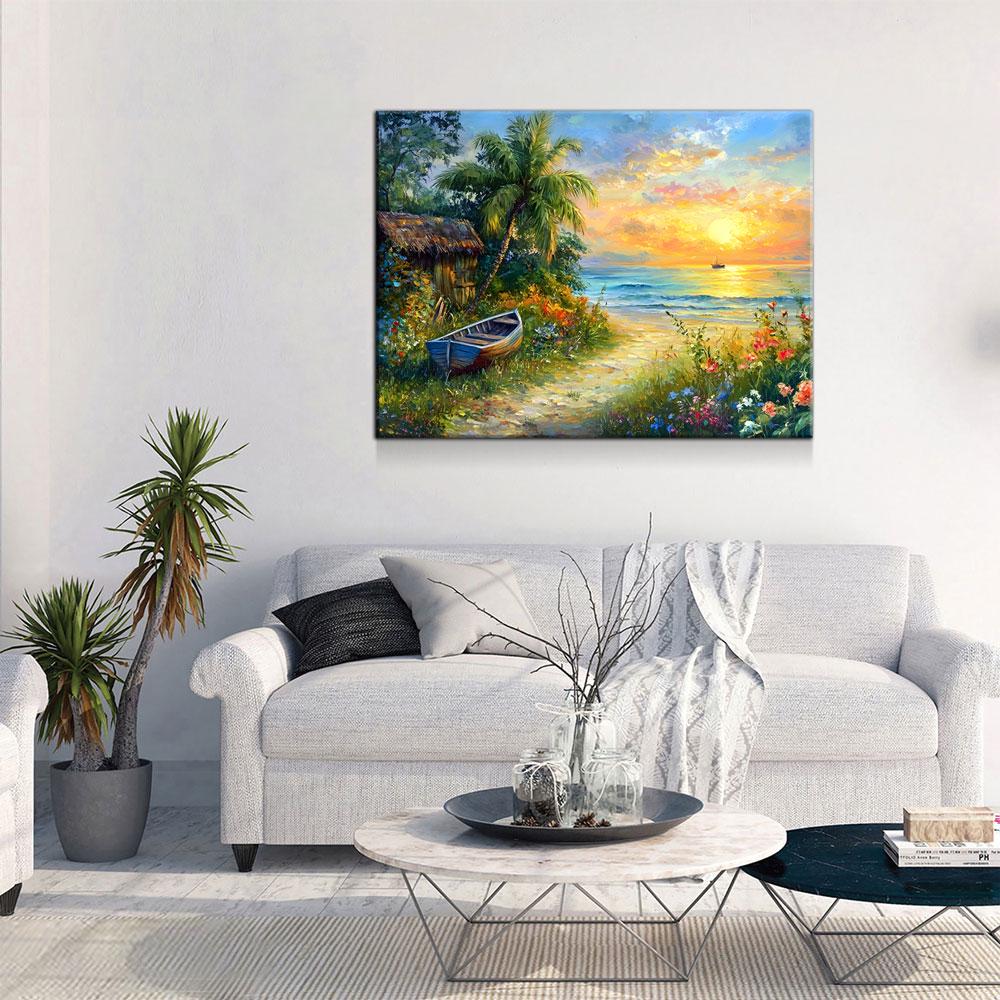 Boat on Tropical Beach Canvas Wall Art, Ocean Beach With Coconut Tree, Boat And Beach Hut, Tropical Decor, Beach House, Coastal Decor