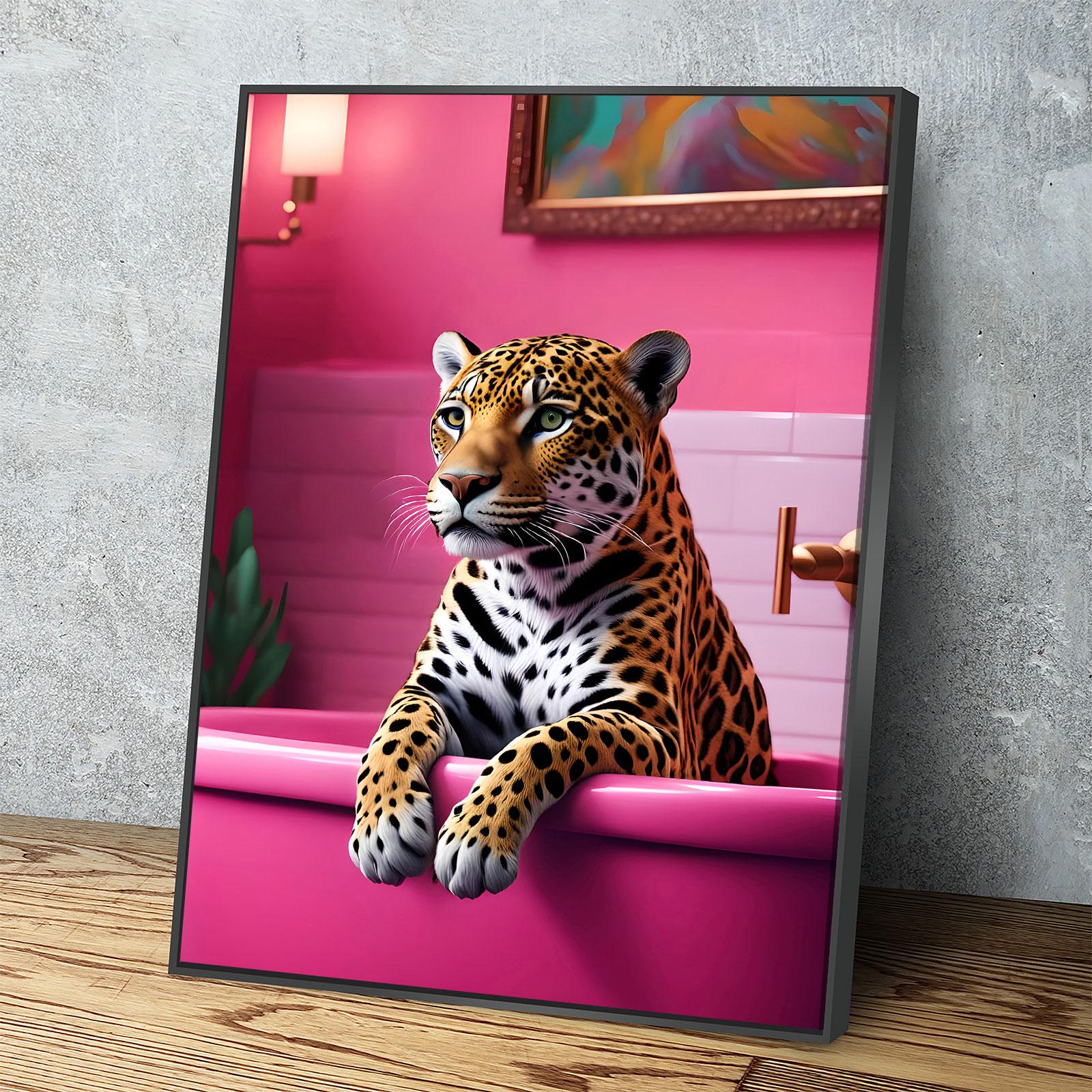 Jaguar In Bathtub Canvas Wall Art, Pink Bathtub, Big Cat In Bathtub, Bathroom Decor, Pink Decor, Jaguar Art