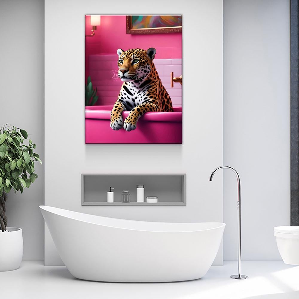 Jaguar In Bathtub Canvas Wall Art, Pink Bathtub, Big Cat In Bathtub, Bathroom Decor, Pink Decor, Jaguar Art