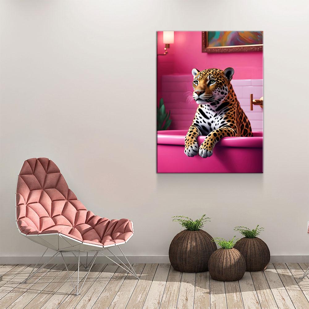 Jaguar In Bathtub Canvas Wall Art, Pink Bathtub, Big Cat In Bathtub, Bathroom Decor, Pink Decor, Jaguar Art