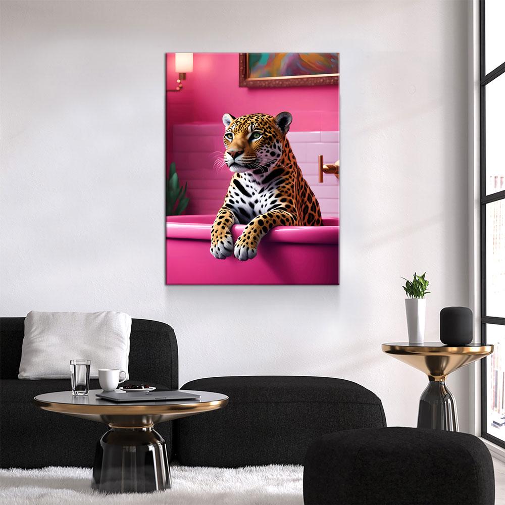 Jaguar In Bathtub Canvas Wall Art, Pink Bathtub, Big Cat In Bathtub, Bathroom Decor, Pink Decor, Jaguar Art