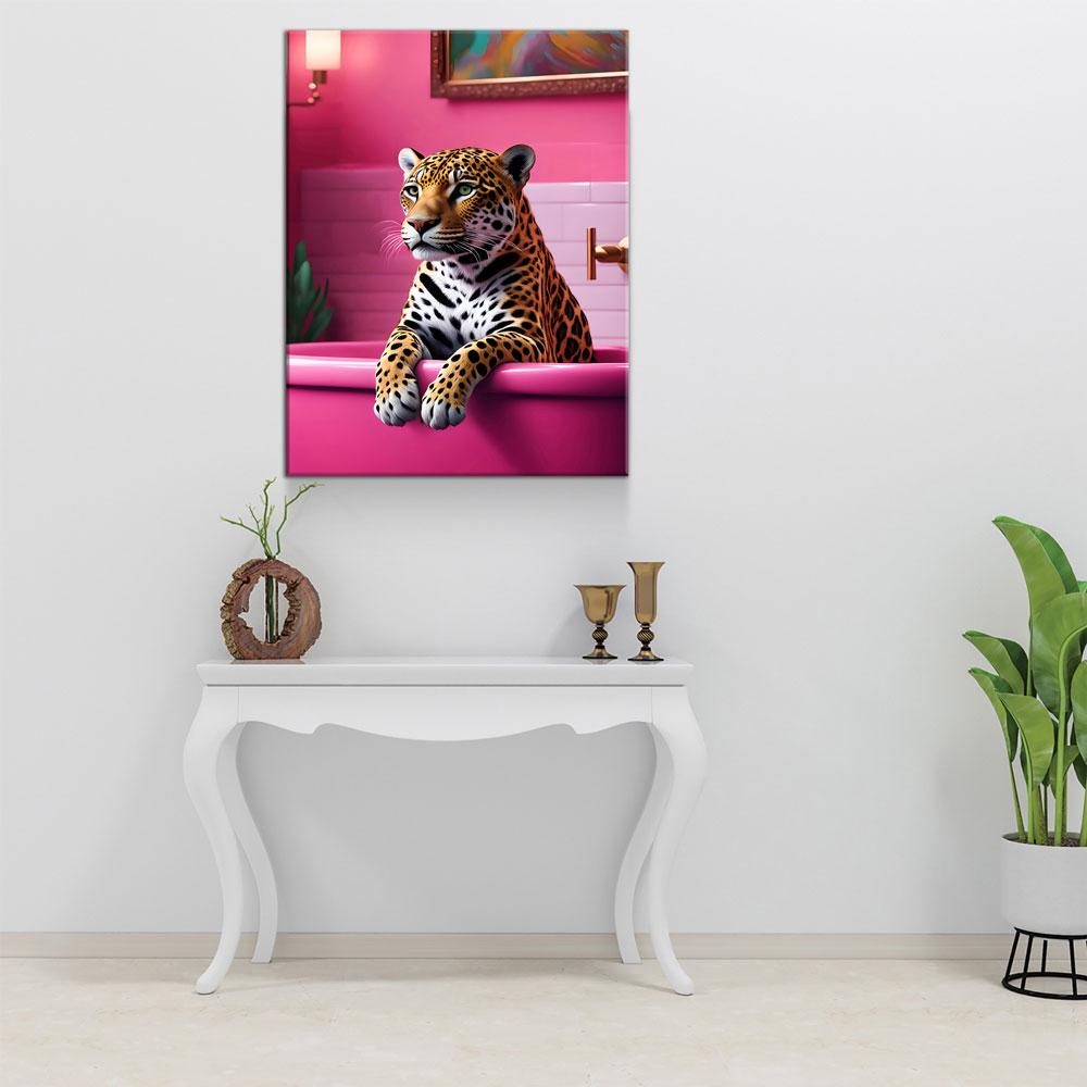 Jaguar In Bathtub Canvas Wall Art, Pink Bathtub, Big Cat In Bathtub, Bathroom Decor, Pink Decor, Jaguar Art