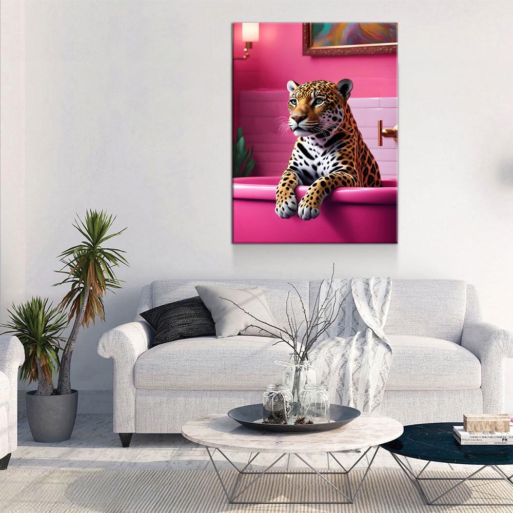 Jaguar In Bathtub Canvas Wall Art, Pink Bathtub, Big Cat In Bathtub, Bathroom Decor, Pink Decor, Jaguar Art