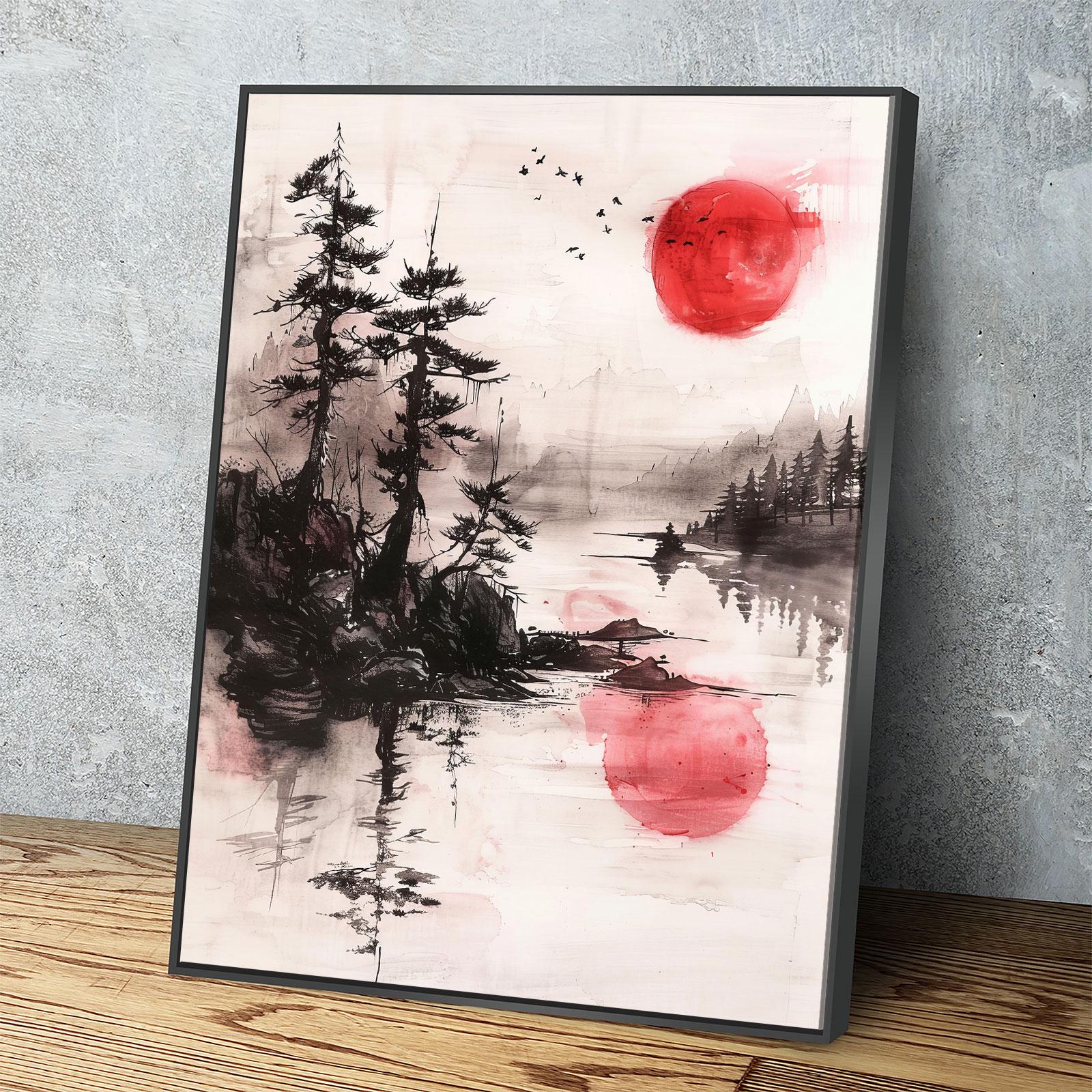 Japandi Canvas Wall Art, Japandi Art, Japanese Wall Art, Japandi Decor, Japandi Zen Wall Art, Watercolor Style, Red Sun On Water