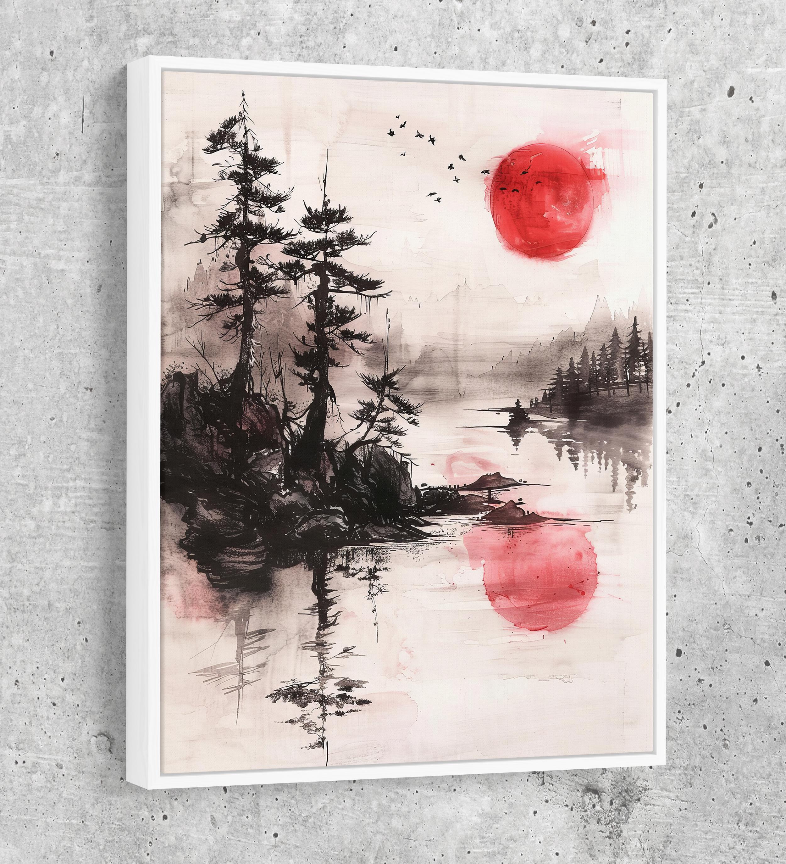 Japandi Canvas Wall Art, Japandi Art, Japanese Wall Art, Japandi Decor, Japandi Zen Wall Art, Watercolor Style, Red Sun On Water