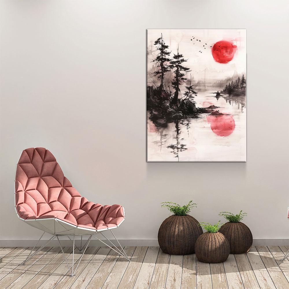 Japandi Canvas Wall Art, Japandi Art, Japanese Wall Art, Japandi Decor, Japandi Zen Wall Art, Watercolor Style, Red Sun On Water