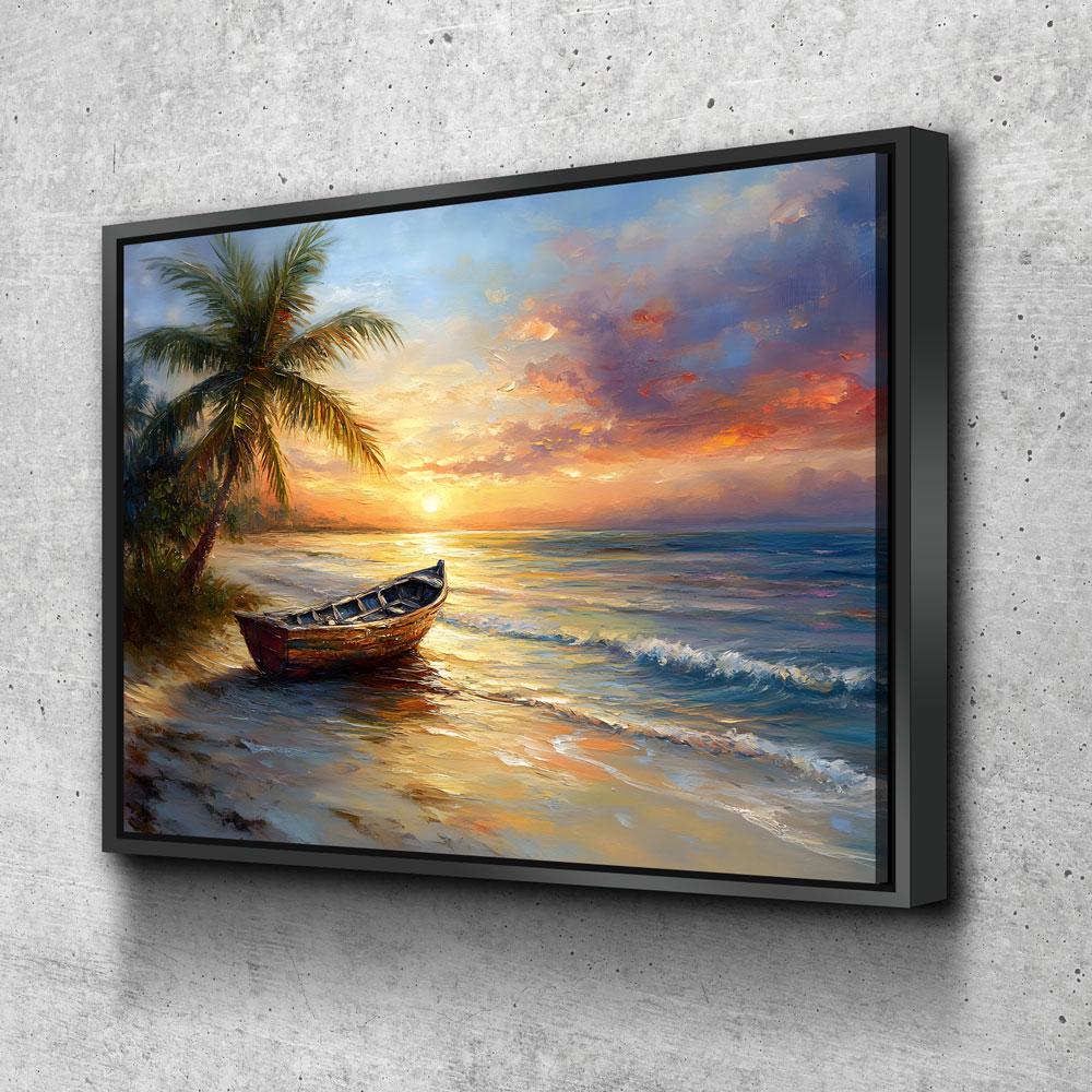 Tropical Beach Sunset Canvas Wall Art, Ocean Beach Boat, Tropical Decor, Beach House, Coastal Decor, Ocean Sunset, Tropical Island Beach