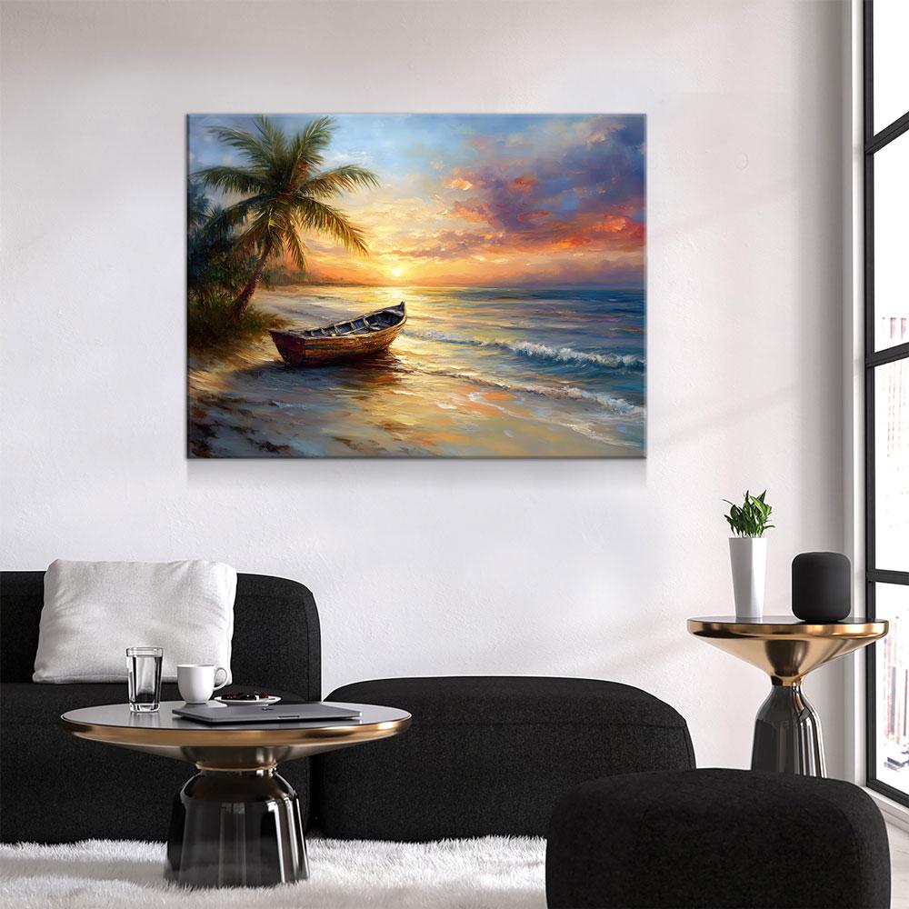 Tropical Beach Sunset Canvas Wall Art, Ocean Beach Boat, Tropical Decor, Beach House, Coastal Decor, Ocean Sunset, Tropical Island Beach