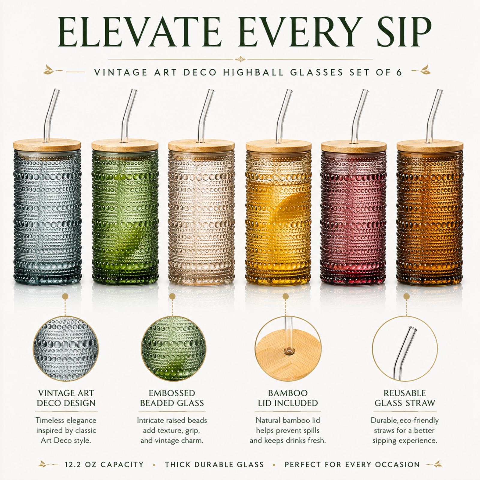 Tonal Hobnail Highball Glassware, With 6X Lids & Glass Straws, Set of 6