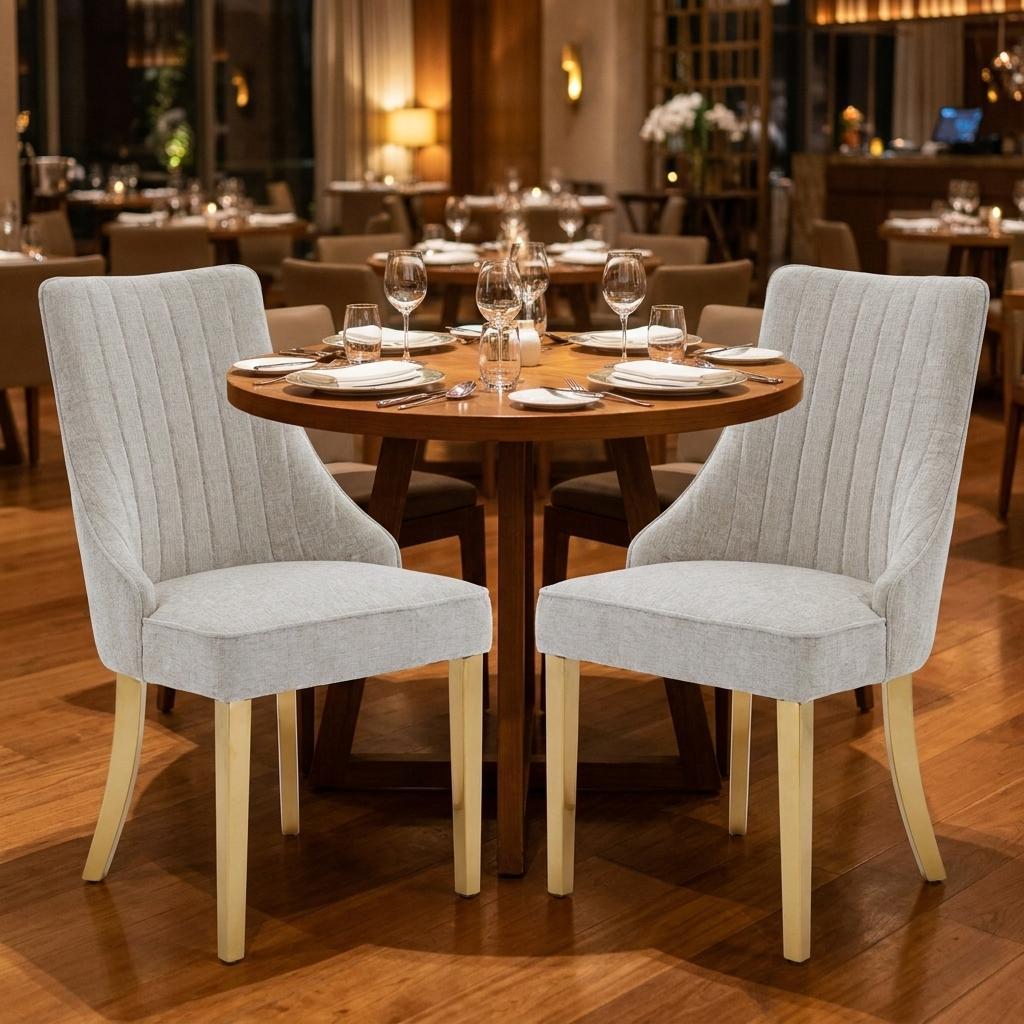 Set of Two Beige White And Gold Chenille And Stainless Steel Dining Side Chairs