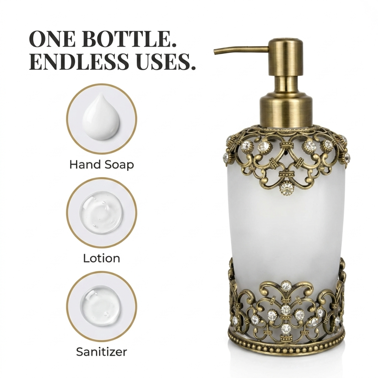 Amara Soap Dispenser – Frosted Glass Decorative Bathroom Accessory With Pewter Finish