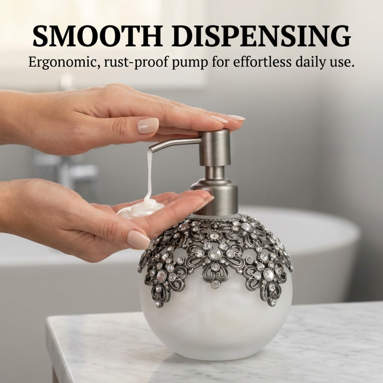 Soap Dispenser – Frosted Glass Bathroom Lotion Pump with Pewter & Rhinestones