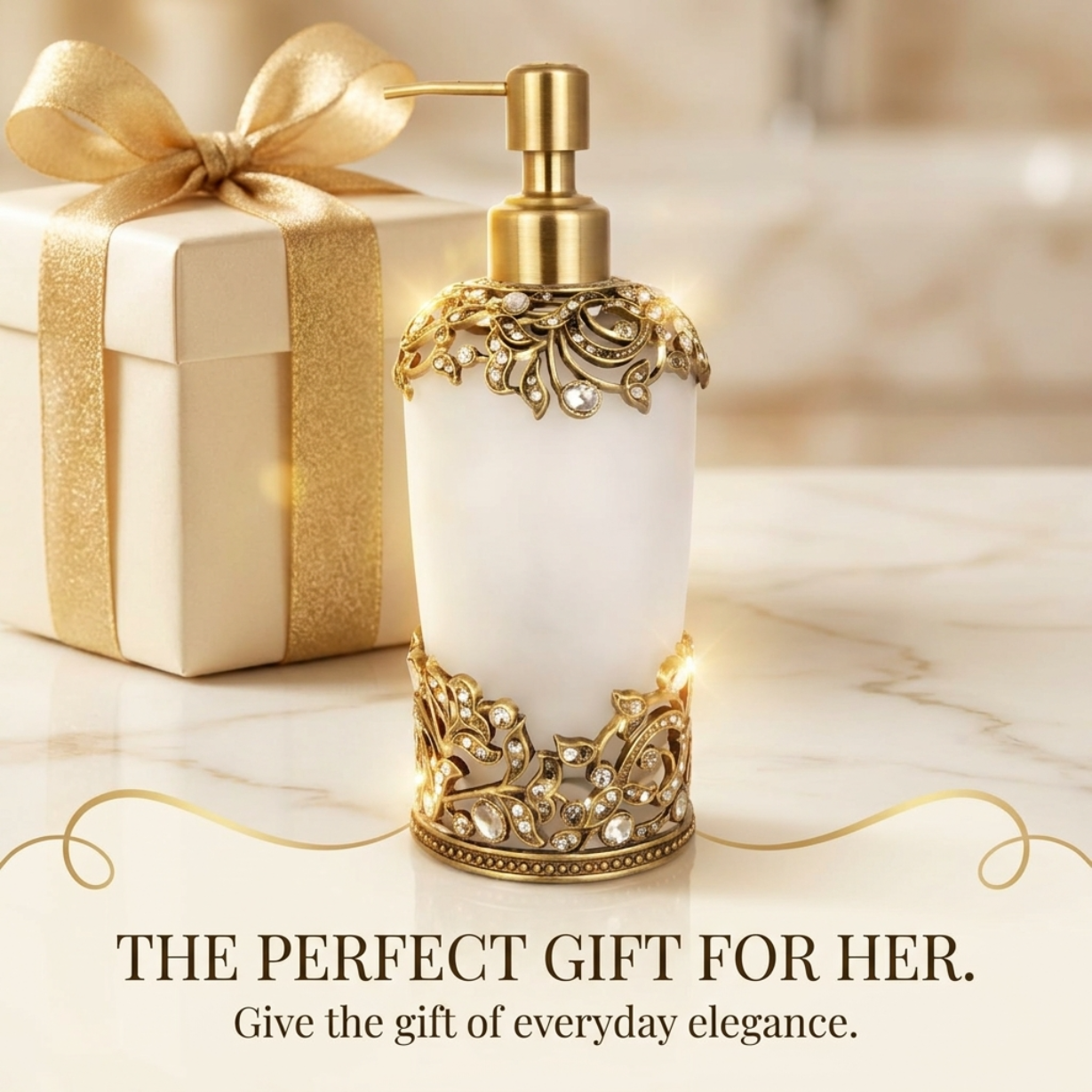 Soap Dispenser - Frosted Glass Bathroom Decor Item With Pewter Finish & Rhinestone Embellished