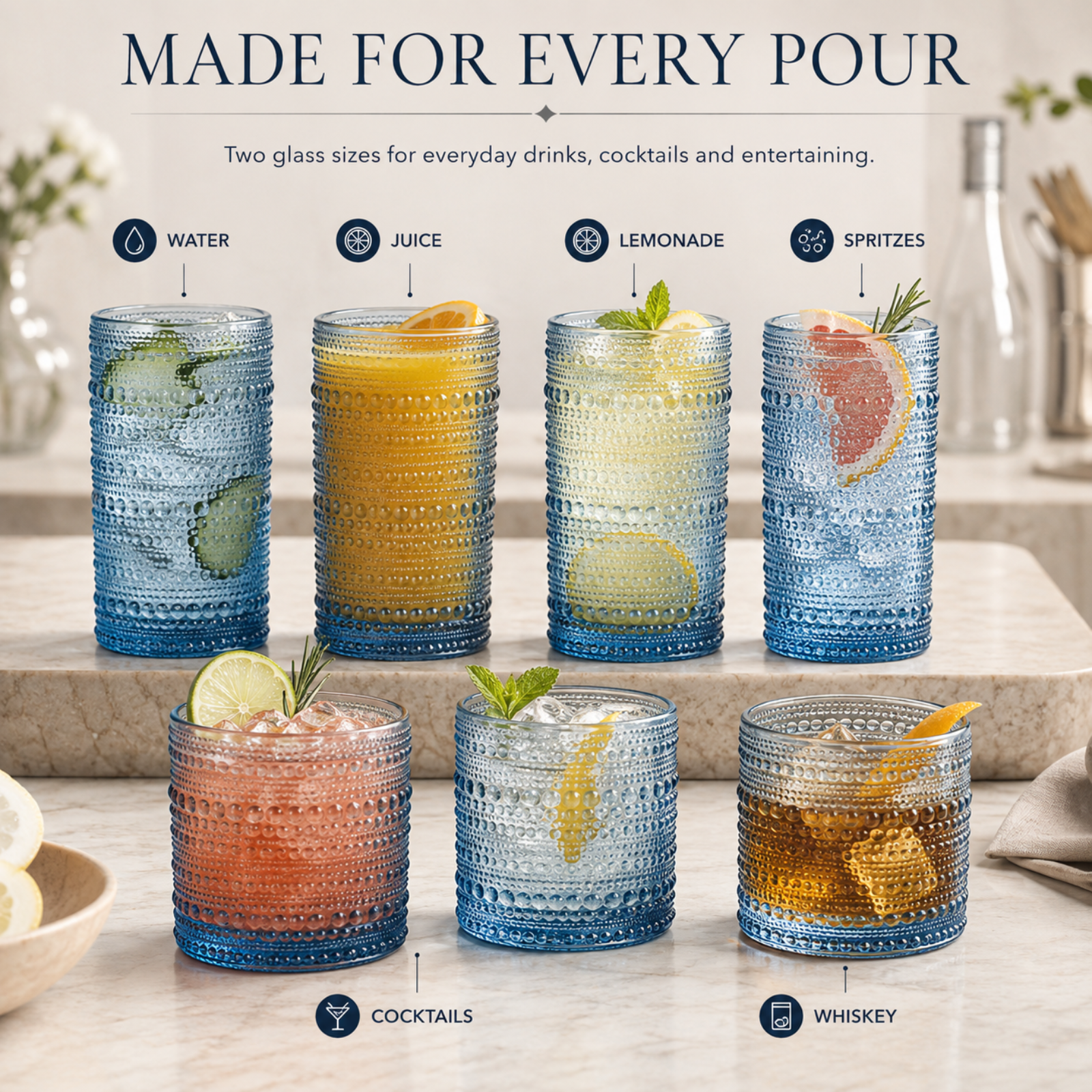 Textured Hobnail Lowball & Highball Glassware, Set of 12