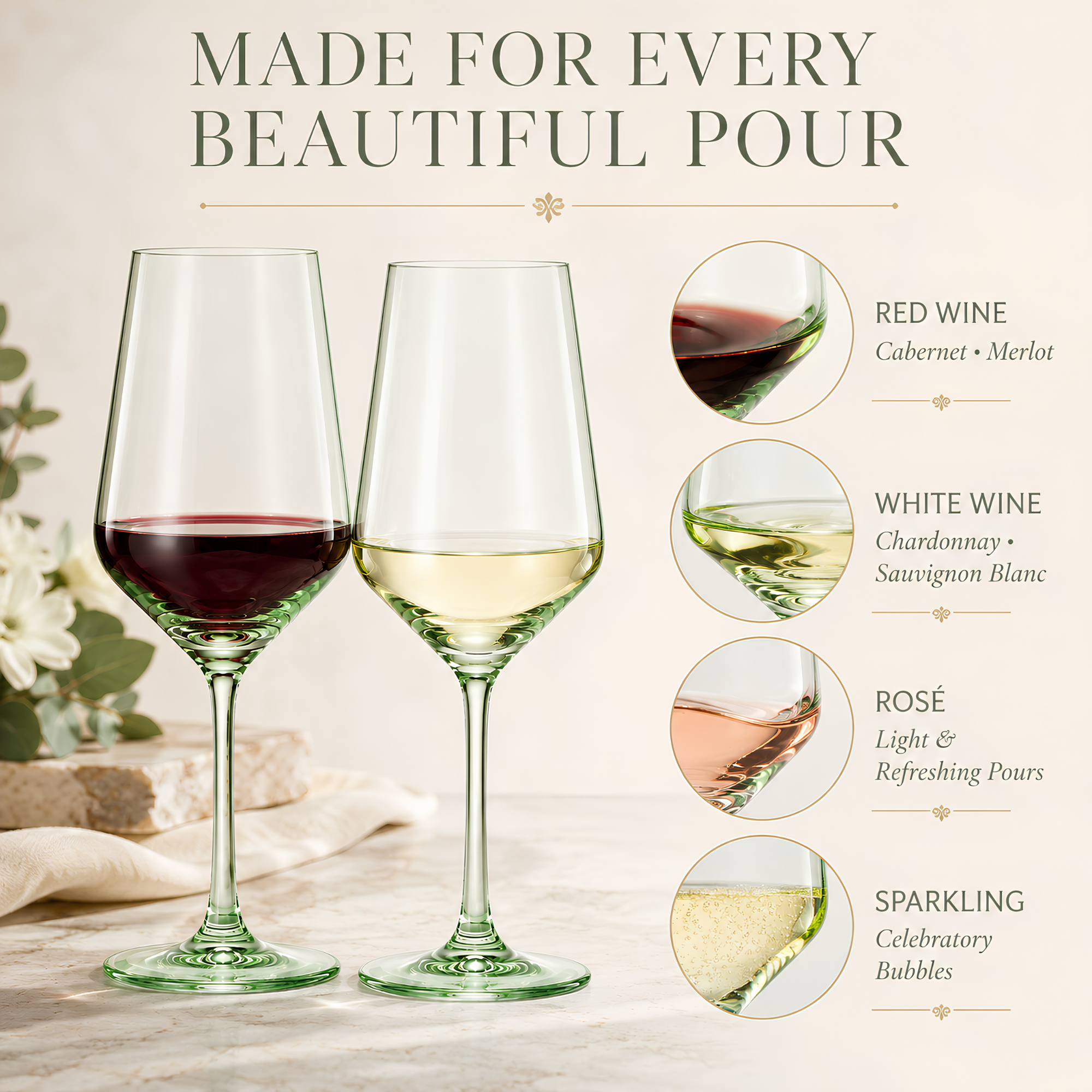 Monet Stemmed Wine Glassware, Green, Set of 2