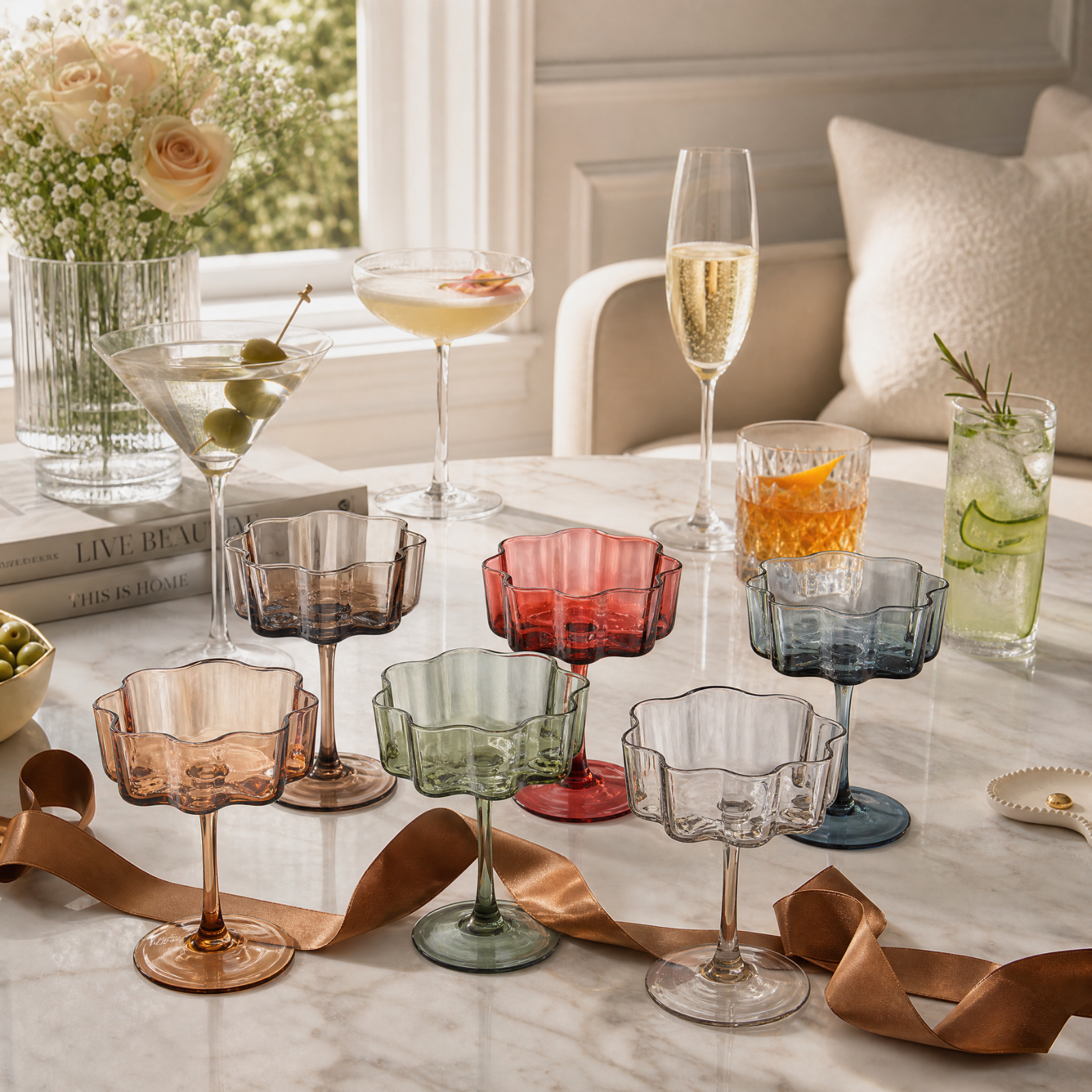 Flower Wave Coupe Cocktail Colored Glasses | Set of 6 | Muted Colors
