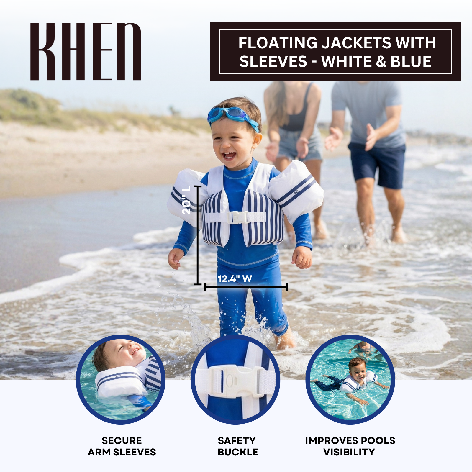 Floating Jackets with Sleeves for Pool or Beach | 1-3 Years | White & Blue