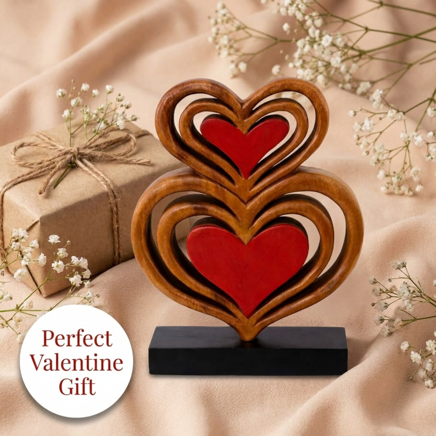 Handmade Wooden Sculpture – Rustic Heart Sculpture Carved From Acacia Wood